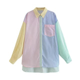 Chic Contrast Color Striped Pacthwork Loose Blouse Women 2021 Fashion Lapel Collar Pocket Shirts Girls Casual