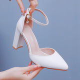 Breakj 7 Cm Thick Heel Sharp-Headed Hollow Sandals Spring Square Side Light Women's Shoes White Buckle Bride High