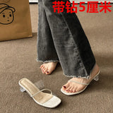 Breakj The Summer Of 2025, The New High-Heeled Women Wear Fashionable Round Head Thick And Net Red Crystal Slippers Women's