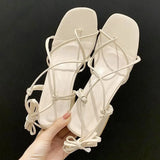 Sandals Summer Ladies Fashion Cross Tied Shoes Female Clip Toe Narrow Band Solid Square Toe Elegant Party Sandal