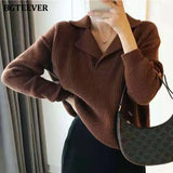 Elegant Turn-Down Collar Loose Women Sweaters Full Sleeve Solid Female Knitted Pullovers 2021 Autumn Winter