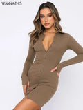 Women Mini Dress Button Turn Down Collar Long Sleeve Bodycon Casual Fashion Autumn Ladies Elegant Sexy Shirt