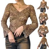Khaki Vintage Print V Neck Flare Long Sleeve Y2K Tops Cute E Girl Fairy Grunge Aesthetic Graphic T Shirts for