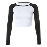 Casual Patchwork Long Sleeve Crop Top T Shirt Fashion Basic Cotton Tshirt Women Fashion Slim Korean Tee Shirt