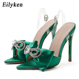 Rhinestone Silk Butterfly-knot Women Mule high heels Slippers Sandals Pointed toe Strappy Slides Party shoes size