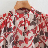 Flower Printing Chiffon Smock Puff Sleeve Shirts Female Stand Collar Blouses Casual Lady Loose Tops Blusas