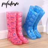 Rain Boots Women Print PVC Waterproof Shoes for Girls Knee-high Slip on Anti Skip Boots Long Tube Botas Fashion Size