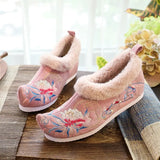 Flat Shoes Warm Winter Embroidered Chinese Ethnic Style Plus Velvet Female Cotton Shoes Pointed Toe 2021 Ladies