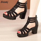 Soft Leather Peep Toe Roman Shoes 2023 New Hollow Women's Sandals Chunky Heel Platform All-Match High Heels Sandals
