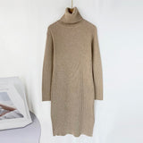 Solid Knitted Long Dress Women Autumn Winter Turtleneck Long Sleeve Sweater Dress Lady Split Loose Casual Dress
