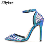 Elegant Blue High Heels Women Pumps Pointed Toe Wedding Shoes Buckle Strap Party Rivet Pumps Shoes