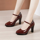Leather Catwalk High Heel Women's Pointed High Heel Thick-Soled Waterproof Platform Professional Black Work Shoes Large-Size Single