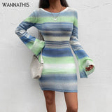 Women Tie Dye Flare Sleeve Knitted Mini Dress Sexy Backless Aesthetic Autumn Striped Streetwear Party Elegant