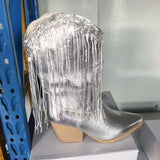 Breakj Mid-Clinity Fashion Boots Women Large-Size Retro Coarse And Folded Feet V Mouth Western