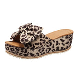 Breakj Bow Thick Bottom Slippers Female Leopard Print Cloth One-Line Shaped Wedge Sandals