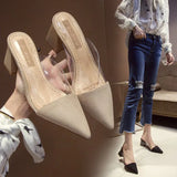 Breakj Spring And Summer Net Red Transparent Pointed Thick Heel High Heels Women In The Head Half Slippers Lazy