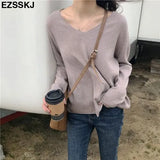 autumn v-neck oversize loose thin sweater women knit top casual pullovers Long Sleeve big size female Cashmere