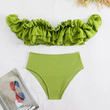 2025 New Lotus-Side High-Waisted Bikini Bikini Solid-Colored Shoulder-Print