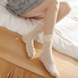 Lovely Girls Sweet Elastic Jacquard Ruffle Fishnet Black White Stockings Transparent Hollow New Lace Knee High 1