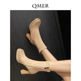 Breakj Short-Skin Women Splicing 2025 Autumn And Winter Retro Martin Boots Coarse And Waterproof Table Not Tired Of Elastic Thin