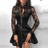 Stand Collar Print Zipper Long Sleeves Mini Dress Casual Autumn Winter Fashion Pocket Pu Leather Dress Elegant Slim