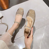 Air-mesh Crystal beading flat shoes woman glitter baller flats square toe pearl rivets lace mary janes shoes big size