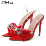 Rhinestone Silk Butterfly-knot Women Mule high heels Slippers Sandals Pointed toe Strappy Slides Party shoes size