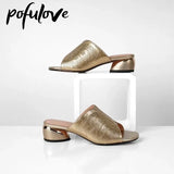 Leather Slippers Women Silver Gold Sexy Med High Heels Square Heel Fashion Outdoor Jelly Sliders Casual Sandals