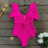 Solid-Color One-Piece Swimsuit Women 2025 New All-In-One Lotus Edge Hollow Air Pressure Line