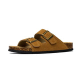 Camel Cork Sandals Men's Flock Faux Suede Mule Clogs Slippers Brown Classic Two Buckle Cork Slides Slippers For Men