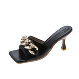 Chain Design Women Heels Summer Sexy Open Toe Solid Color Sandals Stiletto 2021 Square Head Luxury Prom Woman