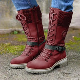 Women's Boots 2022 Autumn and Winter New Lace-up Knitted Women's Mid-calf Casual Thick-soled Shoes Fleece Warm Botas De