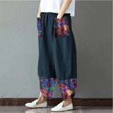 Autumn Fashion Women Cotton Linen Pencil Pants Casual Print Patchwork Loose Long Trousers Elegant Streetwear Lady