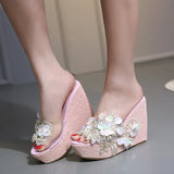 Sandals And Slippers Are Available In Stock. Korean Fashion Beaded Flowers Summer Transparent Slope Thick-Soled