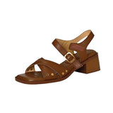 Breakj Summer New Retro French Coarse Sandals Female Exposed Toe Soft Leather Heel Cross Roman