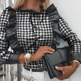 Black Plaid Print Autumn Winter Women Blouses Casual Cardigan Ruffled Collar PU Leather Shirt Elegant Slim Office