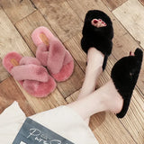 Women Warm Fluffy Slippers Cozy Faux Fur Cross Indoor Floor Slides Flat Soft Furry Ladies Cotton Slippers Flip