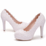 Breakj Lace Heels Wedding Shoes Lace Pearl Shoes Size Fine Heel Waterproof Shoes