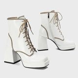 Vintage Square Toe Ankle Boots Women Patent Leather Thick Heels Boots Woman Lace Up Platform Botas Mujer Invierno
