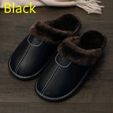 Leather Slippers Winter PU Leather Slippers Warm Indoor Slipper Soft Waterproof Home House Shoes Men Warm Leather