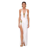 2025 New Solid-Color Swimsuit Women Feel Deep V-Loand Back Half Dress