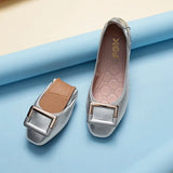 Autumn Women Soft ballet Flat Shoes PU Leather Square Buckle Womens Foldable Loafers Woman Green