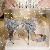 Bow High Heels Summer New Thin-Heeled Single Shoes Crystal Bridesmaids Wedding Shoes Hollow