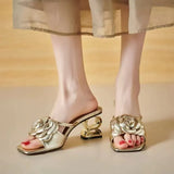 Breakj Word Drag Flower Decoration Coarse And Cool Slippers Women's Summer Fashion Tadge Height And Korean Version Of The Square Head Women's