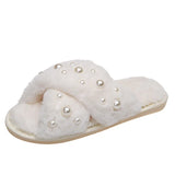 2024 New Flat-Bottomed Pearl Cross Wool Slippers Woman Candy Colored Cotton Slippers