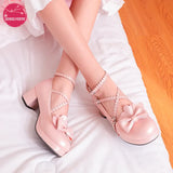 Women's Cute Lolita Cross Strap Mary Jane Shoes Chunky Heel Party Wedding Cosplay Bow Sweet Princess Pumps Japanese JK