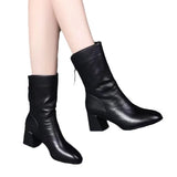 Breakj Women's Shoes Fashion Classic Versatile Thick Heel Medium Boots Leather Boots High Heel Women's Boots