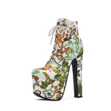 Lacing Very Ultra High Heel Boots For Women Fashion Flowers Vintage Ankle Boots Ladies Party Shoes Spring Autumn Big