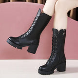 New Buckle Winter Motorcycle Boots Women British Style mid-calf Boots Gothic Punk square Heel solid Boot Women
