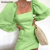 Women Puff Sleeve Mini Dress Sexy Casual Square Collar Autumn 2021 Vintage Green Clubwear Party Elegant Female